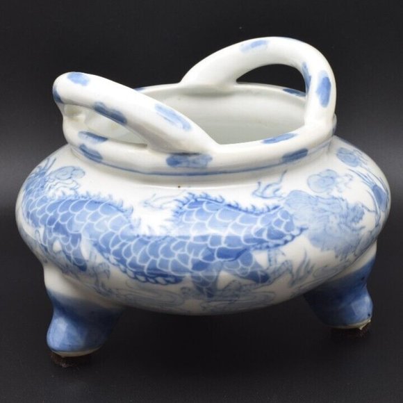 Vintage Blue and White 2 Dragons Porcelain Tripod Bowl - Picture 3 of 8